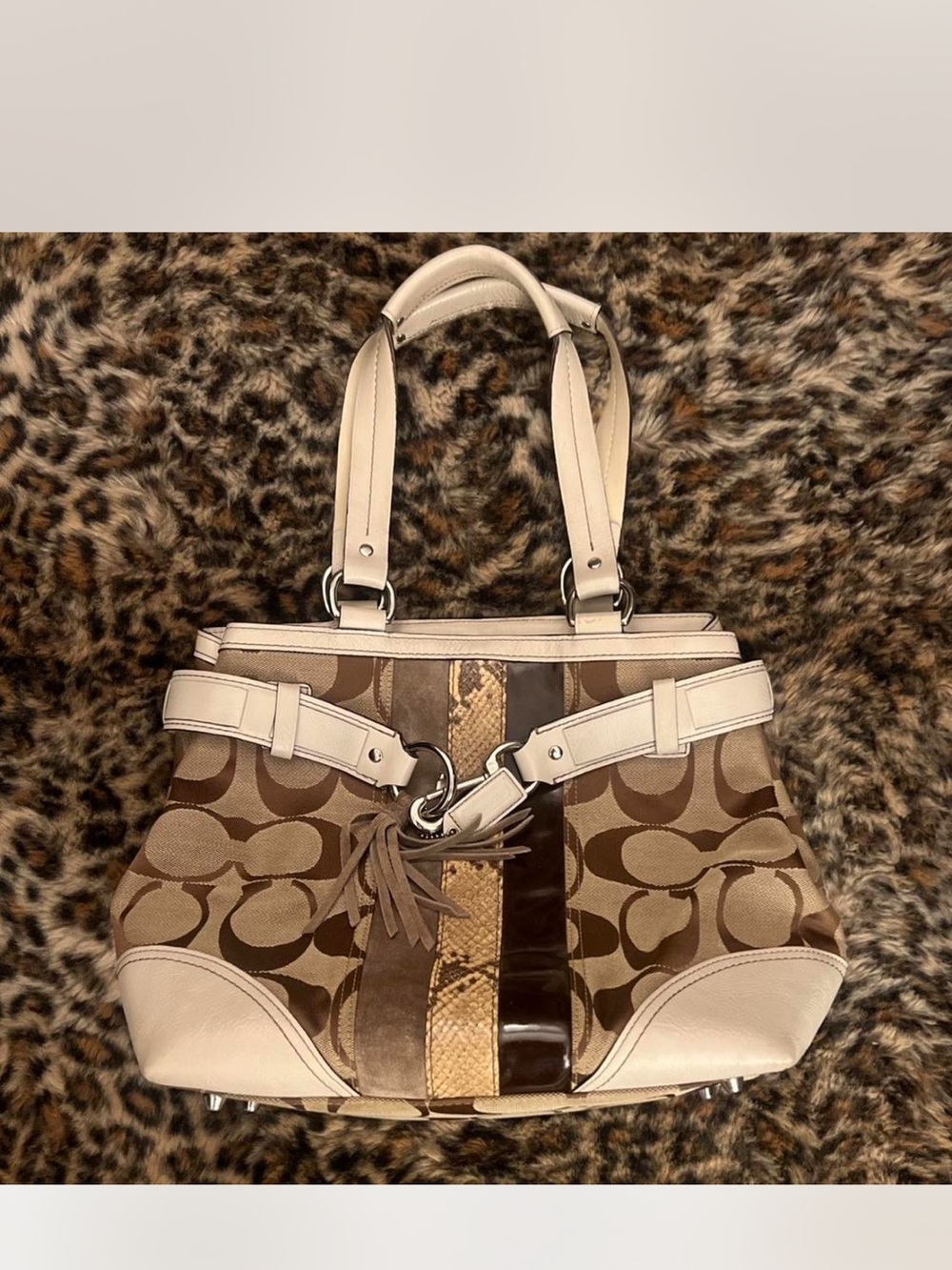 Coach Brown Signature Canvas Shoulder Bag with Cream Trim